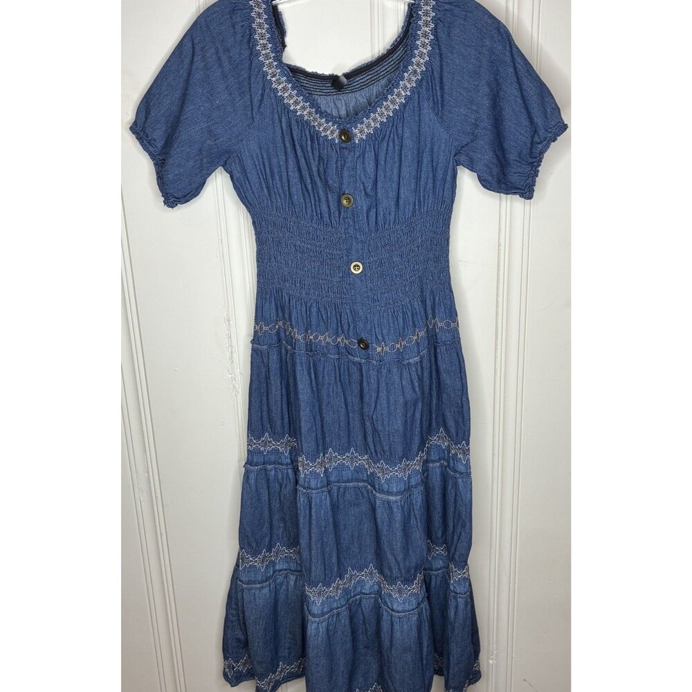 Indigo & Lace Med cotton chambray denim midi dress boho smocked country festiva